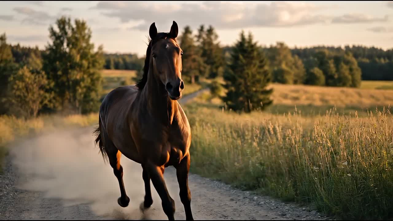 Cavallo marrone che corre lungo una strada sterrata in campagna, con alberi e un paesaggio illuminato dal sole dorato