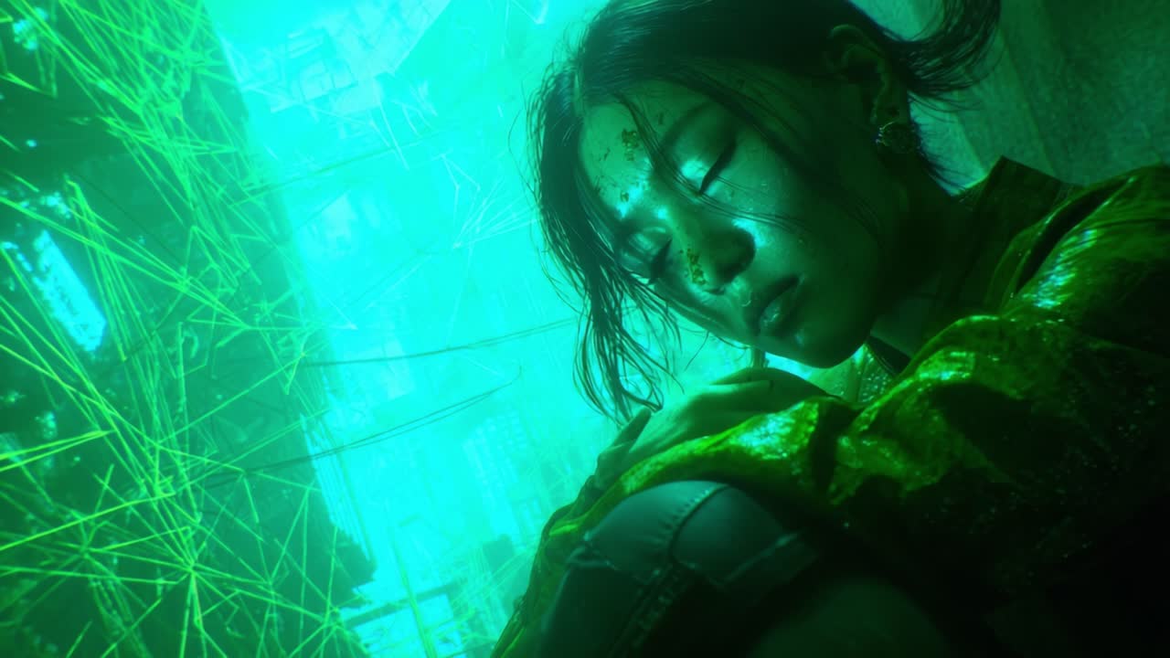 In un paesaggio futuristico al neon, una giovane donna è seduta tra fili di luce verde brillante, la sua espressione riflette curiosità e resilienza, evocando un senso di meraviglia e avventura in un mondo digitale.