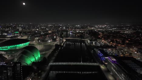 city moonlight nighttime scenery, scottish urban landmarks, aerial