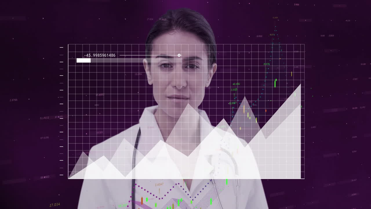 Analyzing data with graph overlay, doctor focusing on animation in office