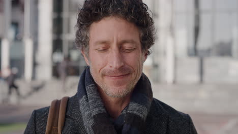 portrait happy mature businessman smiling calm enjoying relaxed urban lifestyle in city professional entrepreneur wearing scarf on cold early morning