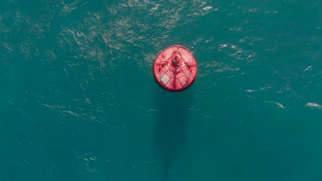 aerial shot of a red buoy in a beautiful blue sea