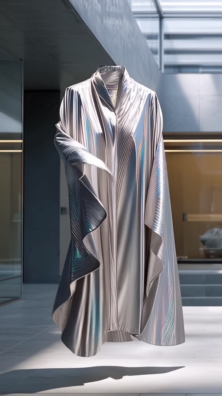 Un sorprendente kimono argentato drappeggiato elegantemente in uno spazio contemporaneo, che mostra texture iridescenti e innovazioni di design moderno per gli appassionati di moda