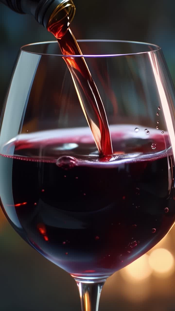 Sequenza accattivante di vino rosso versato in un bicchiere, che mette in risalto il colore ricco e la consistenza vellutata, perfetta per appassionati e intenditori allo stesso modo.