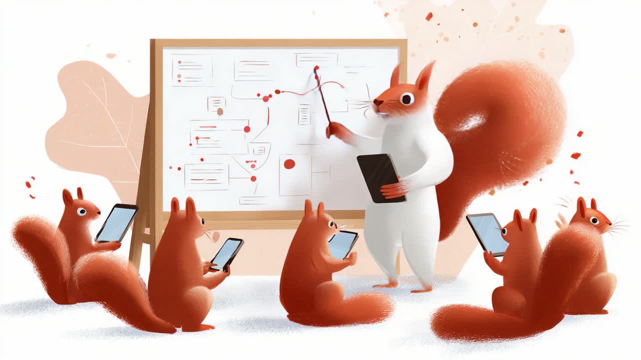 A cheerful group of animated squirrels engaged in a discussion, with one squirrel presenting information on a board while others attentively interact with their devices, fostering a collaborative learning environment