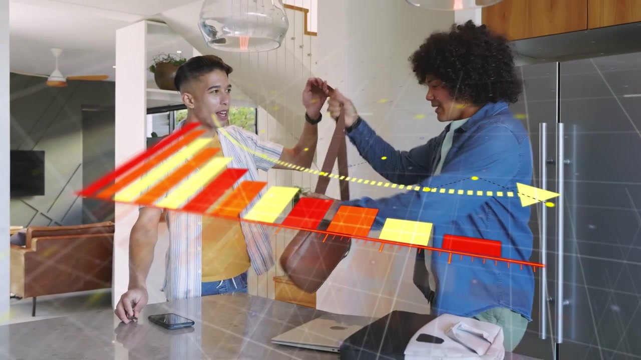 Men descending stairs, placing phone, laptop for home tech, AR overlay sweeping, camera closing