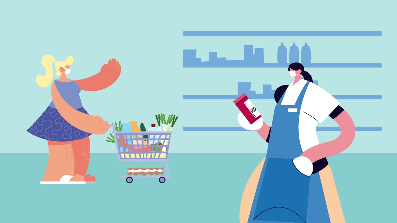 의료 마스크를 착용한 주부들이 사회적 거리를 지키며 코로나19에 대한 식료품을 구입하고 있습니다.