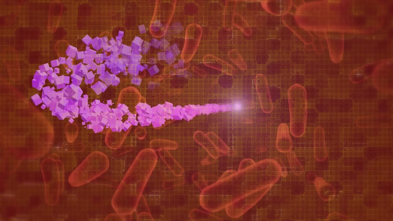 Animation of purple shooting star over blood vessels against red background