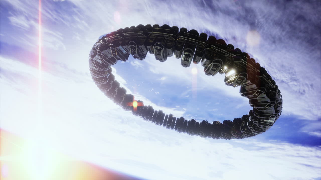 Futuristic spacecraft hovering above earth with a stunning backdrop of clouds