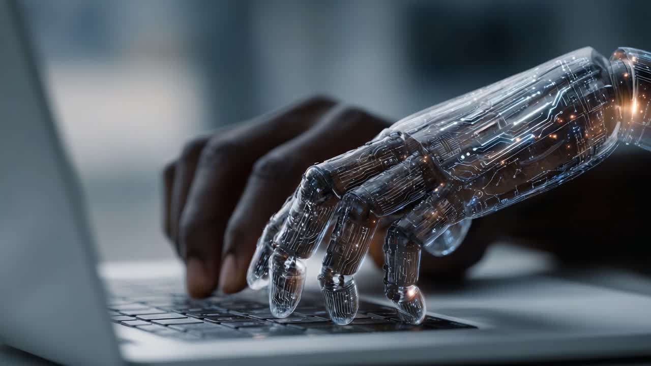 An advanced robotic hand with visible circuitry interacts with a laptop keyboard, showcasing the integration of technology and human-like capabilities in a modern digital workspace