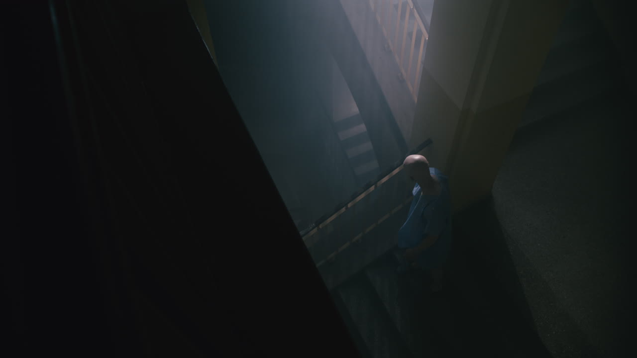 A bald man walks on the empty hospital staircase at night
