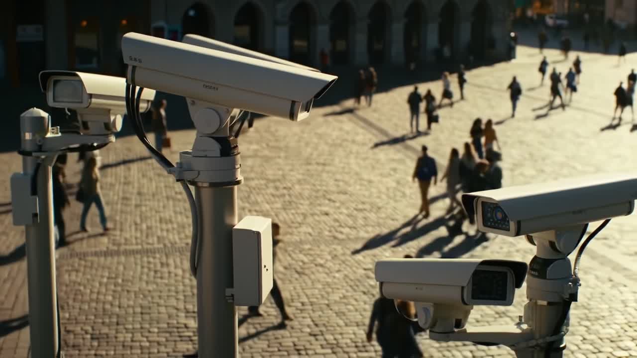 Surveillance Technology Observing Foot Traffic in a Public Space, Highlighting the Intersection of Security and Urban Life Through Sophisticated Camera Systems