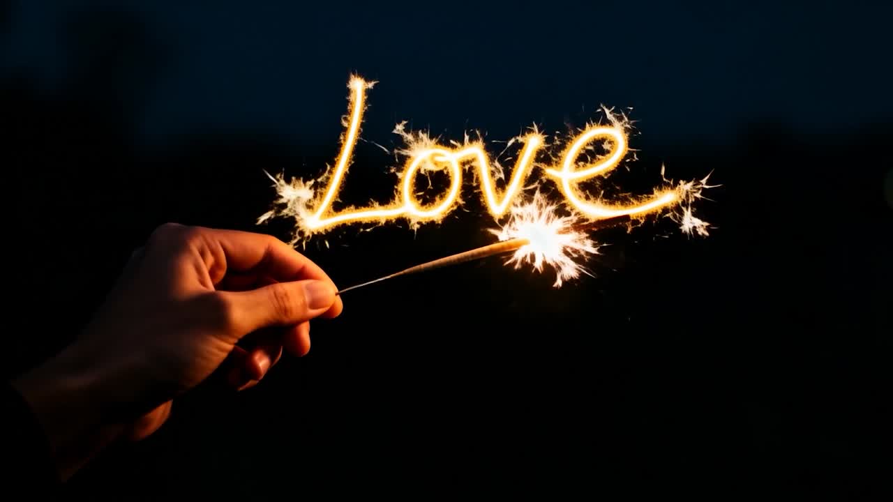 Tracing hand entering dark longsleeve holding lit sparkler and spelling Love at night to celebrate