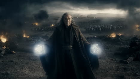 gandalf wielding magic on a battle-scarred field