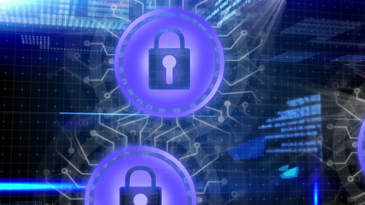 Animation of online security padlock icons over data processing