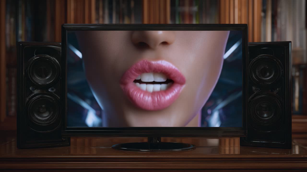 Close-Up of Glossy Lips Transitioning to a Bright Smile on a Screen Surrounded by Speakers in a Cozy Environment