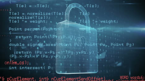 animation of security padlock and data processing with network of screens in background
