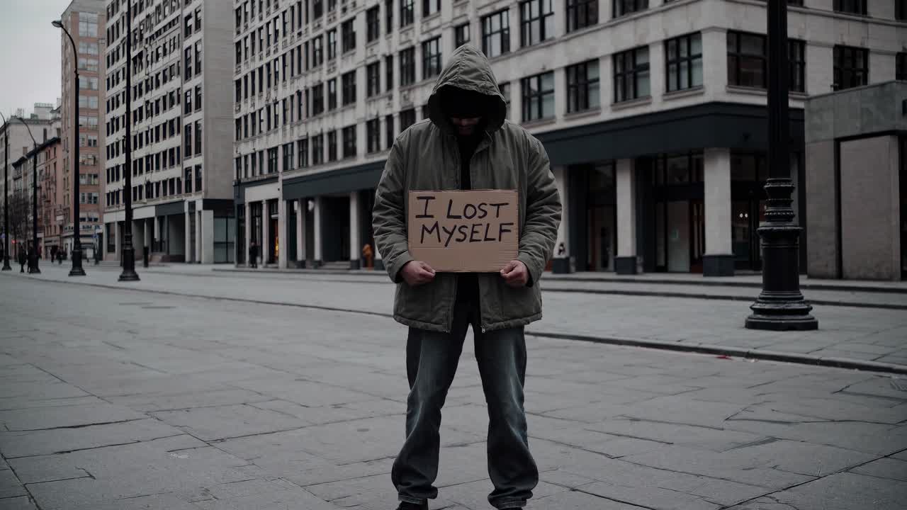 Sad jobless man wearing hooded jacket holding cardboard sign with handwritten text i lost myself, standing alone on New York City street during daytime