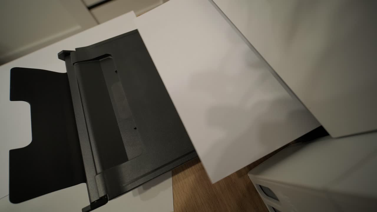 Detail kancelářské tiskárny při podávání a tisku papíru