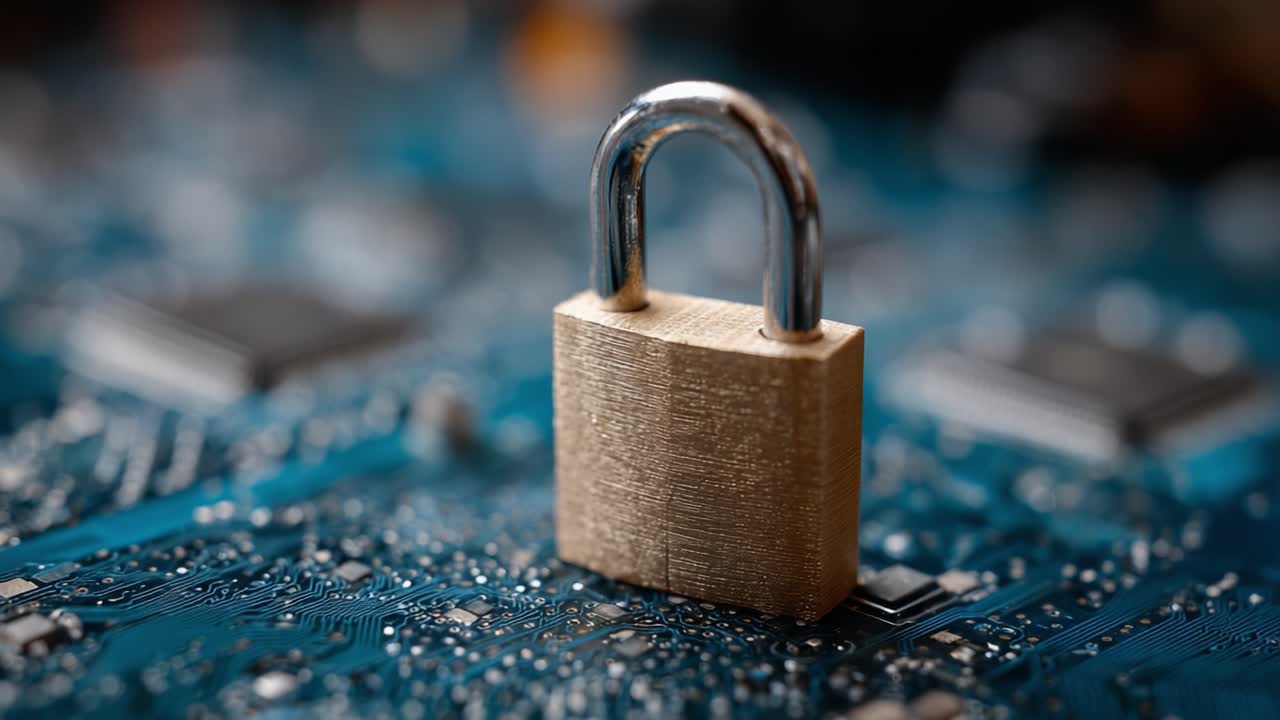 A Close-up of a Brass Padlock Positioned on a Circuit Board, Illustrating Security within Technology and the Integration of Hardware Protection Measures