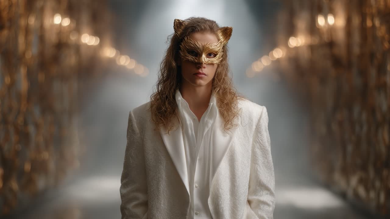 A Mysterious Figure in a Golden Mask Stands Elegantly in a Lavish Hallway, Surrounded by Soft Light and Glamorous D?cor, Evoking an Atmosphere of Intrigue and Enchantment