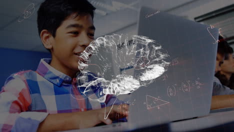 animation of digital brain and mathematical equations over diverse students in classroom