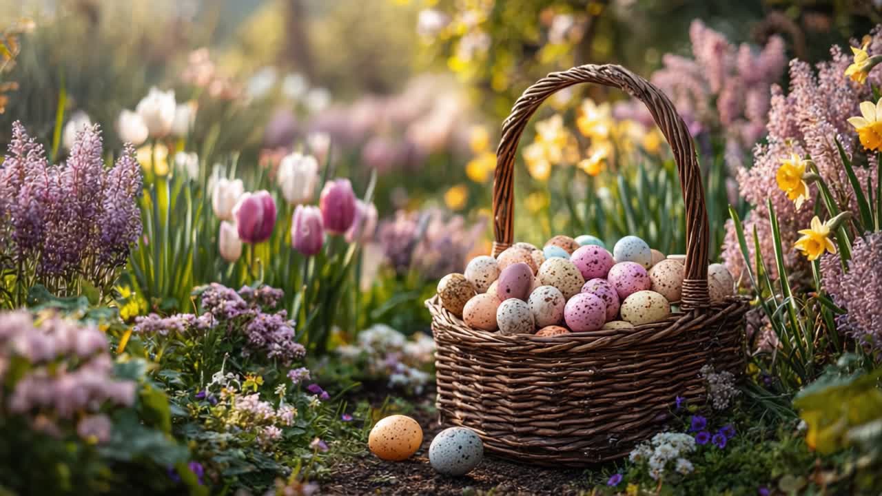 A Beautiful Spring Garden Filled with Colorful Easter Eggs Nestled in a Woven Basket Surrounded by Vibrant Flowers, Creating a Cheerful Seasonal Atmosphere
