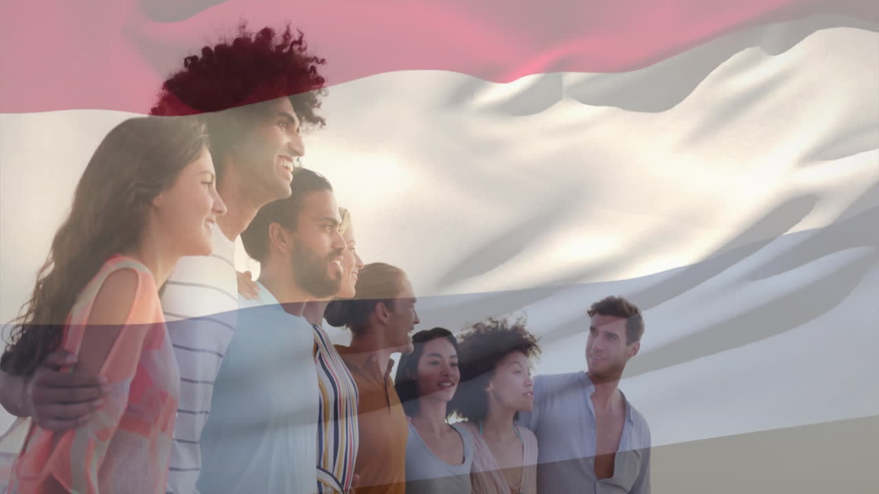 Group of diverse friends smiling together over waving Netherlands flag animation