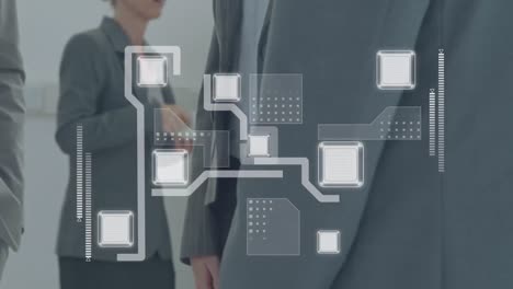 animación del procesamiento de datos financieros sobre hombres de negocios caucásicos que se dan la mano