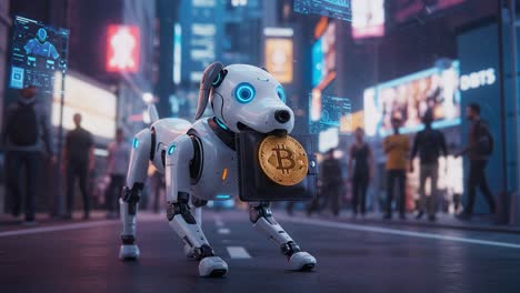 a futuristic robotic dog proudly showcases a bitcoin wallet in a bustling urban environment, symbolizing the intersection of technology and cryptocurrency in modern society