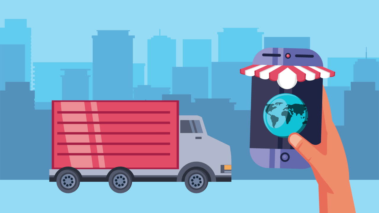 delivery service truck with smartphone and earth planet animation