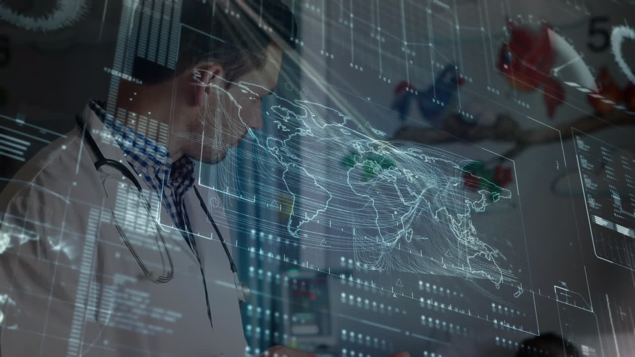 스마트 폰을 사용하는 백인 남성 의사에 대한 과학 데이터 처리 애니메이션