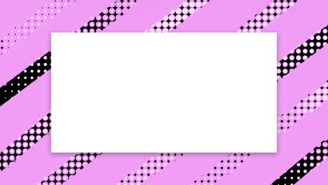 empty white frame on a pink, white and black striped background. stop motion animation with copy space.