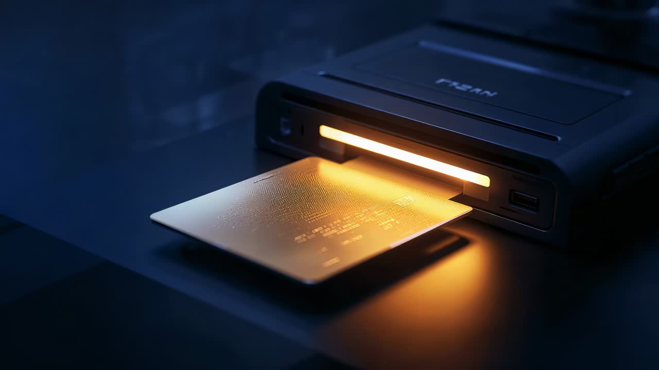 Amber lamp activating, gold smart card shifting in slot on reader at dark desk, seeking contact