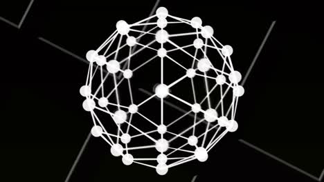 digital animation of globe of network of connections spinning over white lines on black background