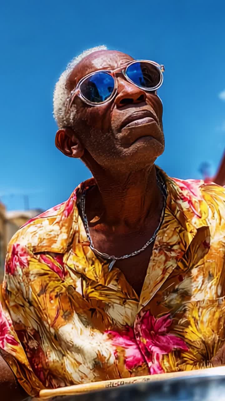 Un homme âgé portant des lunettes de soleil élégantes et une chemise hawaïenne colorée capture l’essence de l’été tout en jouant de la batterie sous un ciel bleu vif
