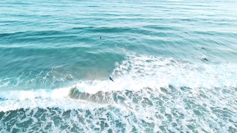 drone aerial of surfer catching a wave in blue water on a sunny summer day