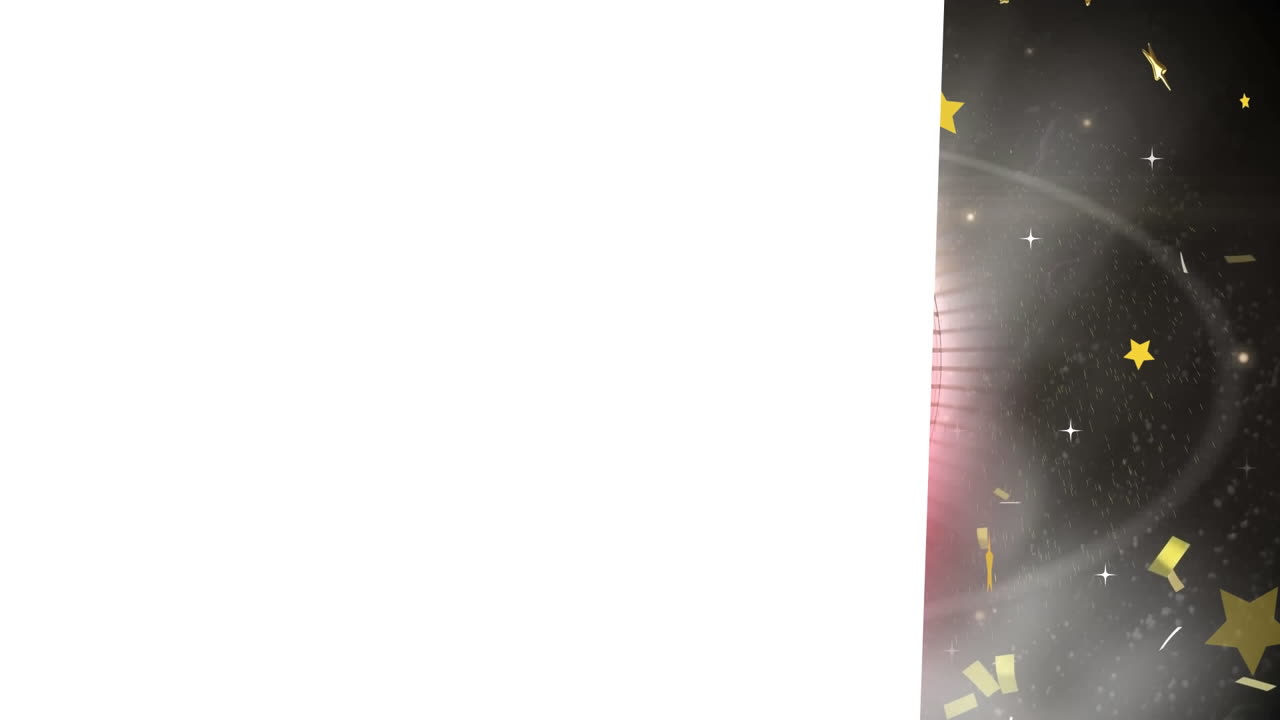 animación de texto de feliz navidad en círculo rojo y estrellas caída y confeti sobre fondo negro.