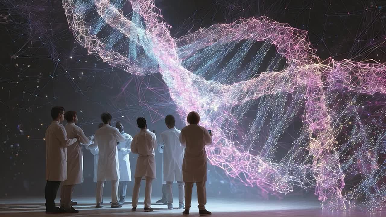 Scientists explore DNA strands in a futuristic lab environment