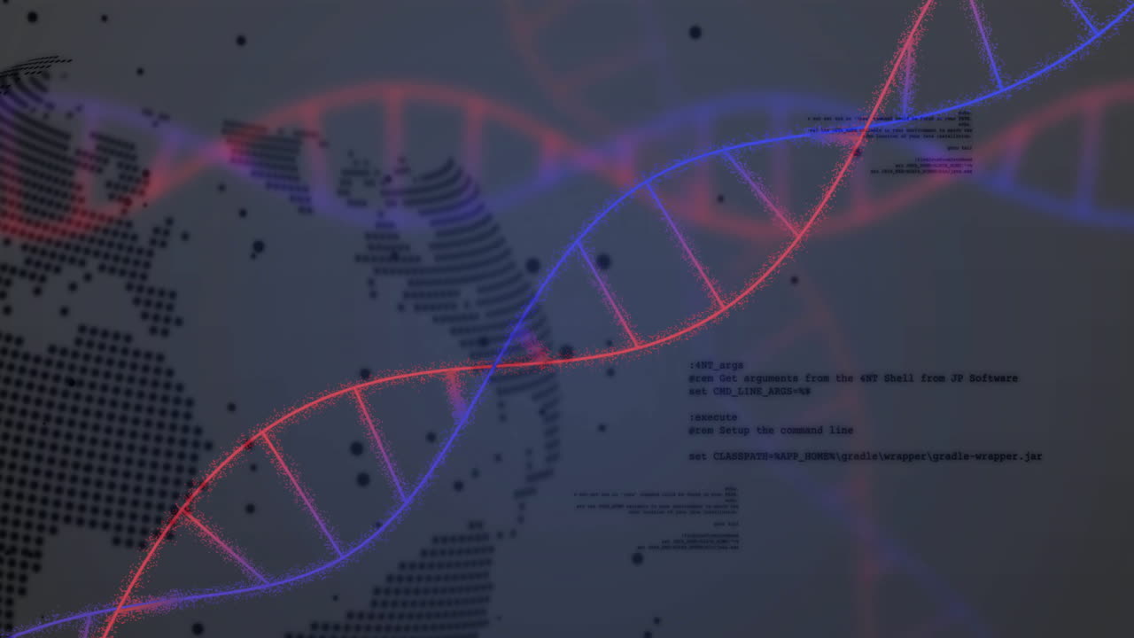DNA strand and binary coding animation over world map and data processing