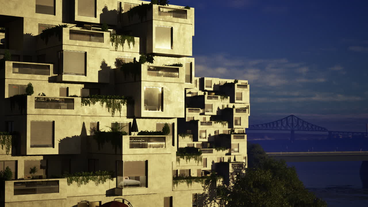 Modern architectural design showcases sustainable living near a river