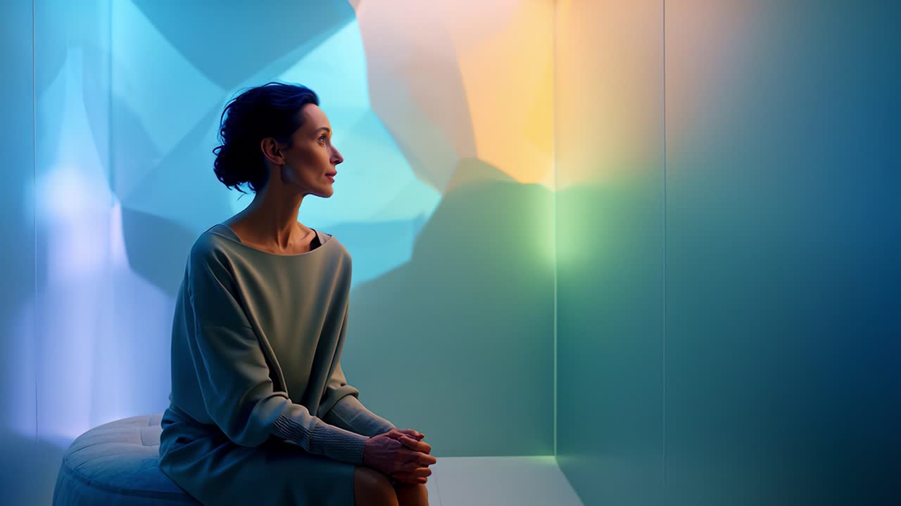 A Captivating Reflection: A Woman Deep in Thought, Illuminated by Soft, Colorful Lights in a Serene Modern Space, Emphasizing the Harmony of Light and Form