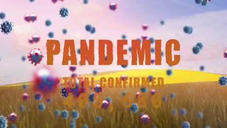 Animation-of-pandemic-text-and-covid-19-virus-cells-over-landscape