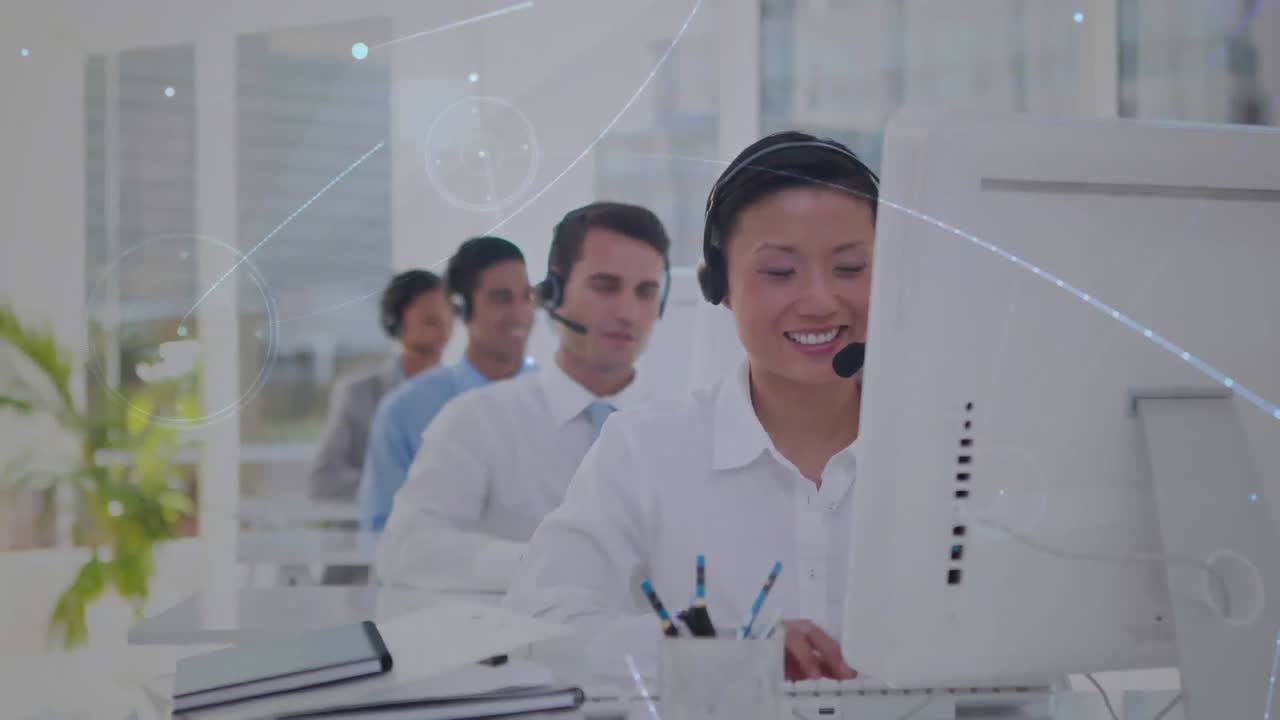 전화 헤드 ⁇ 을 사용하는 비즈니스 사람들을 통해 연결 네트워크의 애니메이션