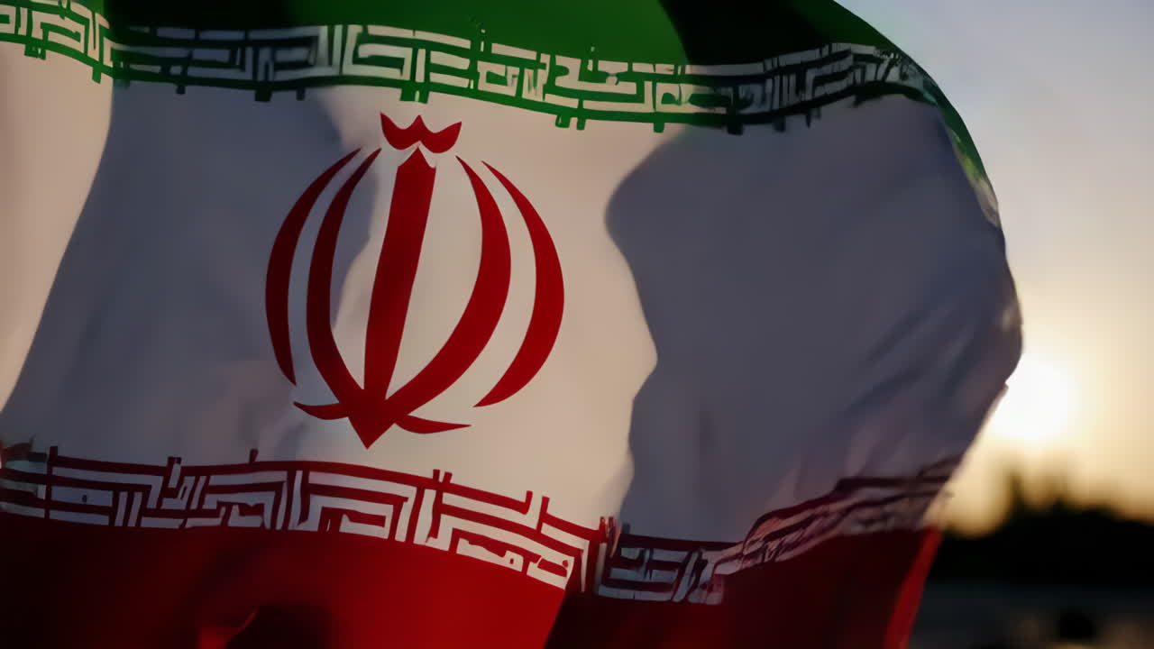 Iranian Flag Waving in the Wind at Sunset