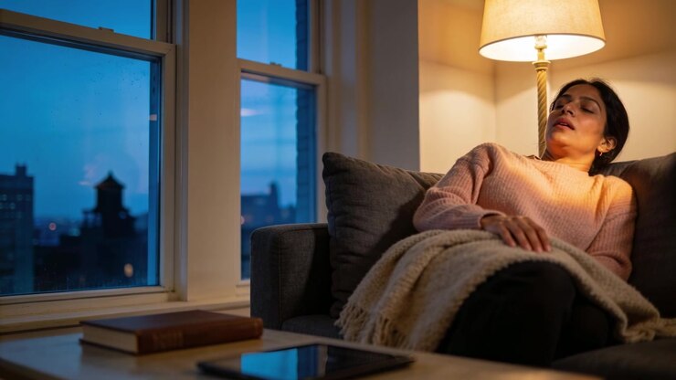 Donna adulta che si appoggia su un divano grigio con una coperta mentre riposa a occhi chiusi al crepuscolo, generato dall'IA
