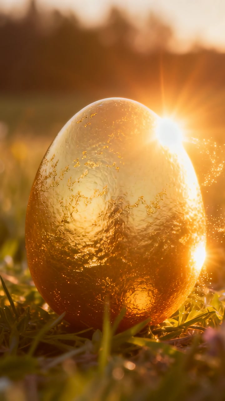 Vertical video: Shifting sunlight igniting golden egg flare on grass, sending drifting sparkles