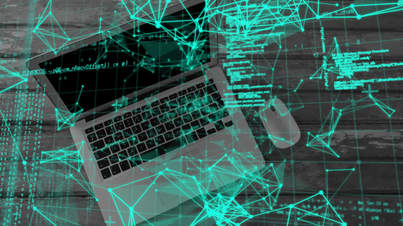 animación de una red de conexiones verdes a través de una computadora portátil sobre un fondo de madera