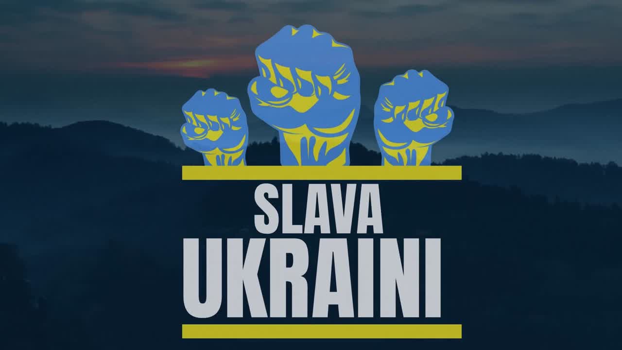 Animazione di Slava Ukraini su paesaggio al tramonto.