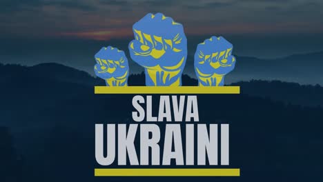 animation of slava ukraini over landscape at sunset